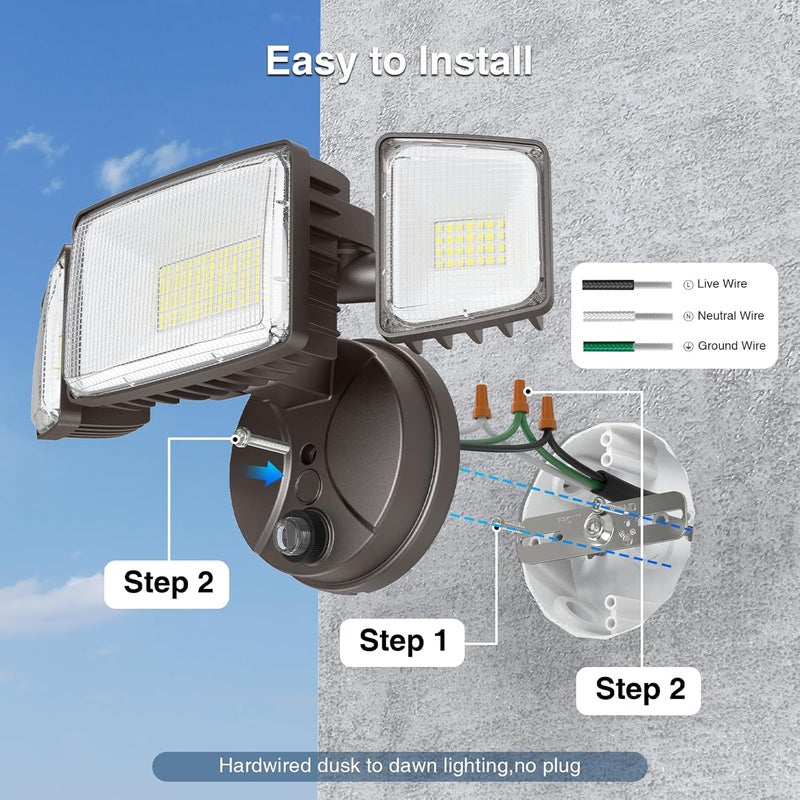 Onforu 100w Dusk to Dawn Outdoor Lighting,11000LM Led Outdoor Light from Dusk Till Dawn,Super Bright Flood Light,IP66 Waterproof Exterior Security Brown Light Fixture,3 Heads Photocell for Garage,Yard - Image 2